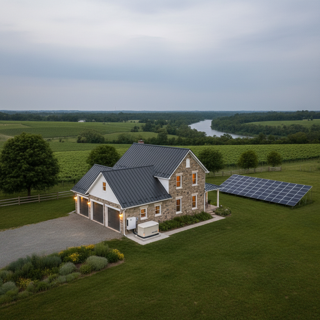 A Niagara Region rural property with a two-story farmhouse protected by a complete backup power solution: a compact standby generator near the side entrance, a discreet ground-mounted solar array, and a weatherproof battery storage unit tucked beside the garage. The landscape includes gentle rolling terrain, distant vineyards, and a glimpse of a river, subtly referencing the local setting. Early evening light with a soft, cool tone suggests approaching weather, while warm interior window light hints at uninterrupted power. Photographic realism from a wide, slightly elevated viewpoint, with balanced composition and clear detail, communicates resilience, energy independence, and professionally designed backup systems.
