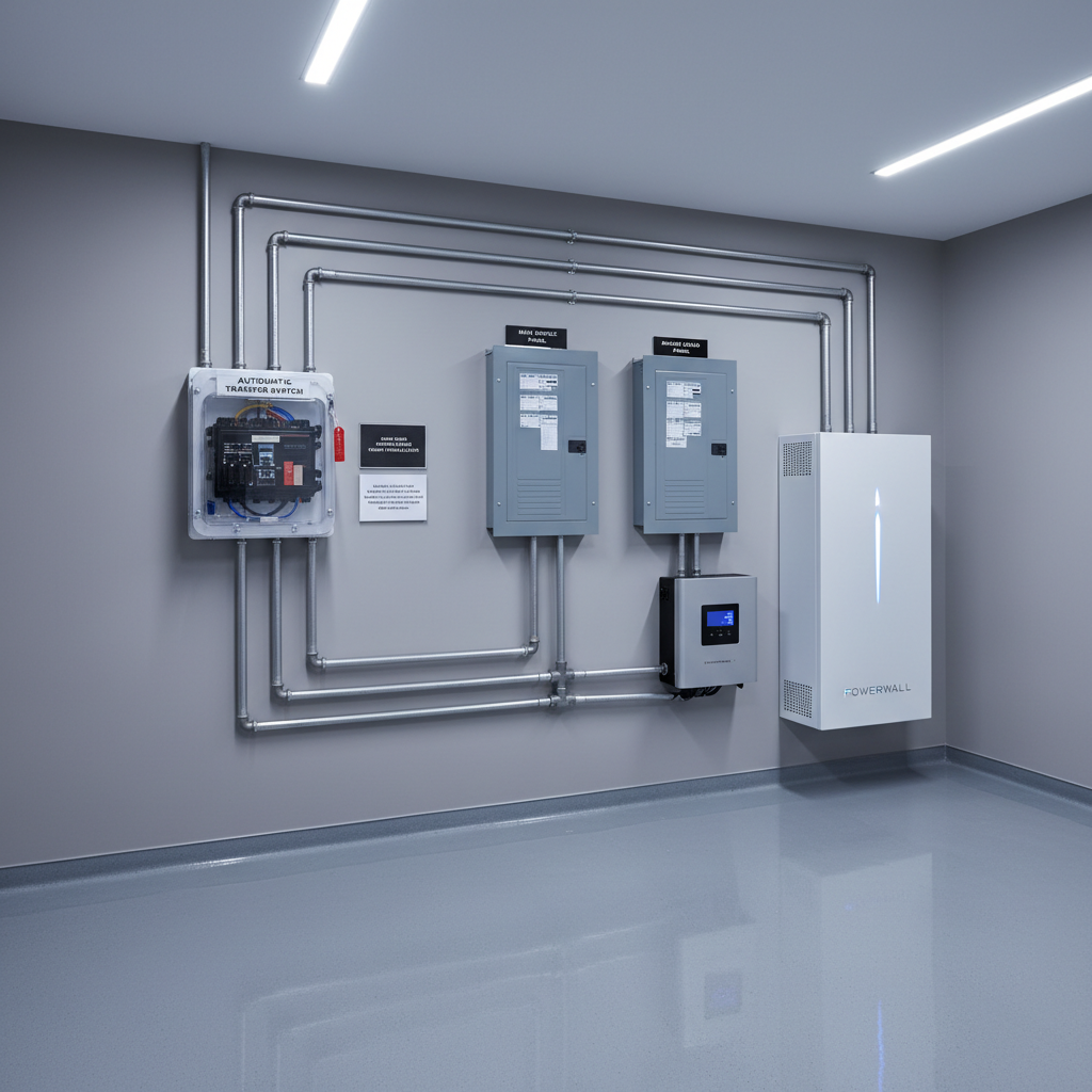 A bright, modern utility room showcasing a complete automatic backup power system: a wall-mounted transfer switch, labeled electrical panels, and a sleek battery storage cabinet integrated beside a high-efficiency home inverter. Heavy-duty cables are routed in perfectly aligned metal conduit, with every connection appearing clean and professional. Neutral painted walls and spotless epoxy flooring emphasize order and safety. Cool, diffused LED ceiling lighting produces clear, shadow-free visibility on labels and components. Photographic realism from a slightly elevated angle with sharp focus throughout, creating a calm, controlled, and highly professional atmosphere that communicates expert design, installation, and maintenance of backup power systems.