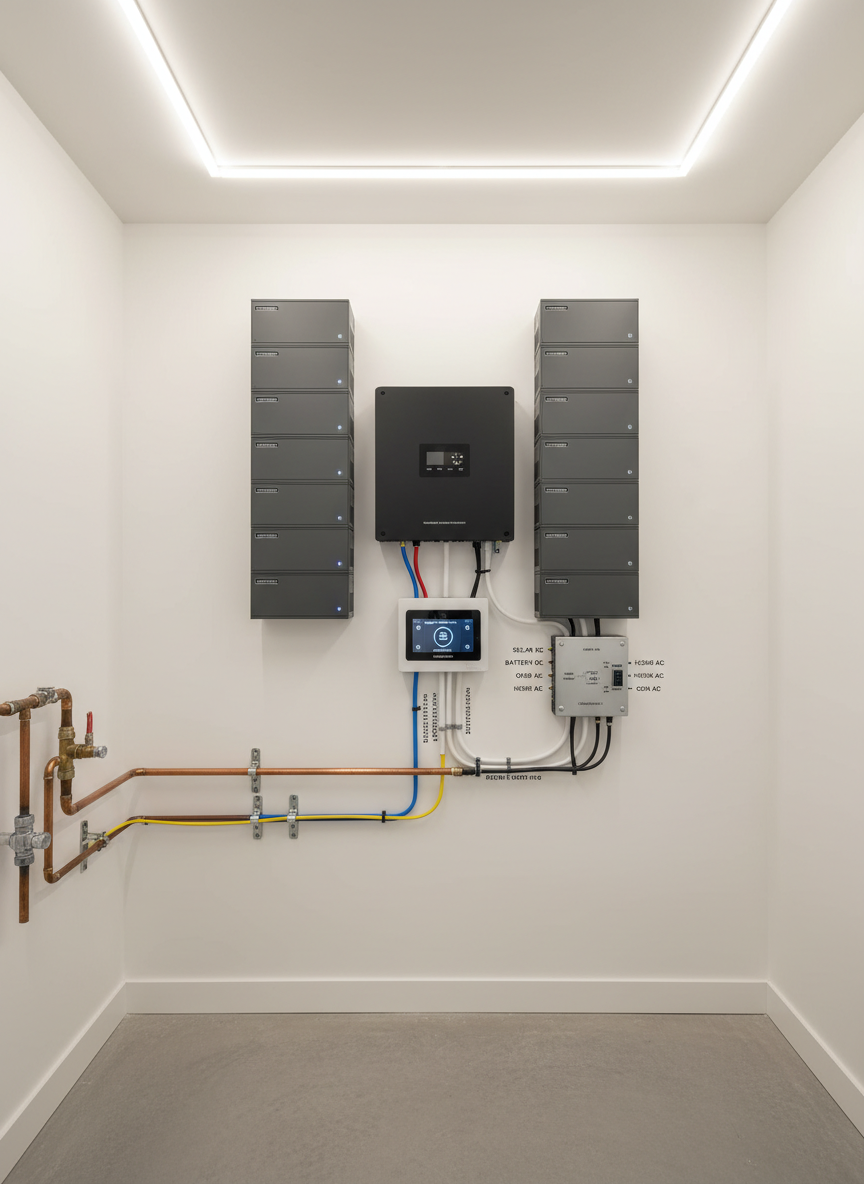 The interior of a modern Niagara Region home mechanical room, showcasing a fully integrated solar, battery, and generator backup system on a clean white wall. A sleek hybrid inverter, smart energy monitor, and stacked lithium battery modules are aligned with precise spacing, while labeled conduit feeds a compact automatic transfer switch. The concrete floor is spotless, and nearby water and gas lines are clearly separated, reinforcing safety and professionalism. Neutral LED strip lighting along the ceiling provides soft, uniform illumination with minimal shadows. Photographic realism at eye level with a balanced, symmetrical composition creates a calm, high-tech, and trustworthy impression of advanced backup power engineering.