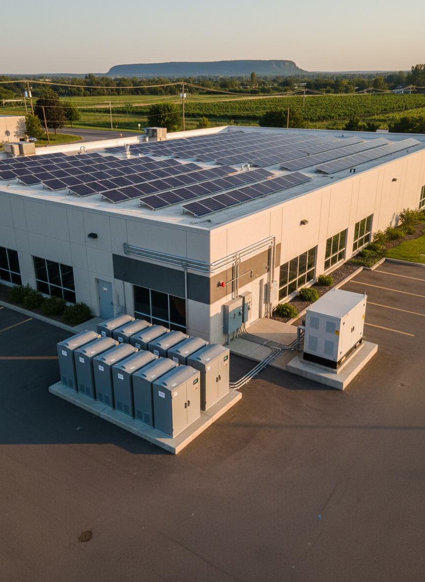 A medium-sized commercial building in the Niagara Region with a rooftop solar array feeding a ground-level battery storage system and standby generator enclosure. Rows of dark blue solar panels with anti-reflective glass stretch across the roof, aligned precisely toward the sun. Below, a bank of steel-gray battery cabinets and a robust commercial generator sit on reinforced pads, connected by clean, organized conduit runs. Late afternoon natural light gives a neutral, professional tone, with gentle shadows outlining each component. Captured in photographic realism from an elevated three-quarter view, the composition emphasizes the integrated nature of solar, battery, and generator backup for business continuity.