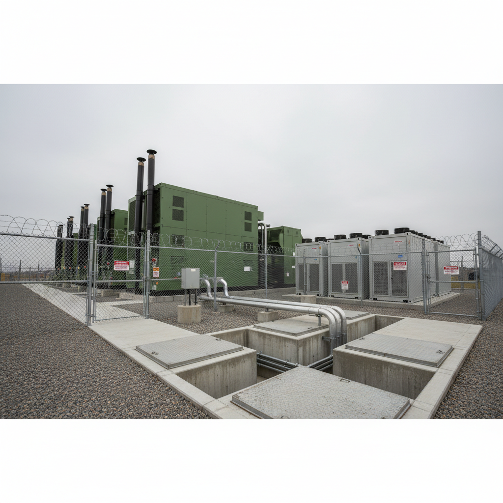 An industrial facility’s dedicated backup power yard, featuring a row of large, sound-attenuated generators, a cluster of utility-grade battery containers, and a secure, fenced perimeter. Each generator enclosure has precise louvered vents and robust exhaust stacks, while the battery containers display subtle cooling intake details. Concrete cable trenches and steel conduit runs are meticulously organized, emphasizing professional engineering. Neutral, diffused daylight under a slightly overcast sky ensures consistent, glare-free lighting. Photographic realism from a low, wide-angle perspective with deep focus highlights the scale, redundancy, and reliability of the installation, underscoring expert design, installation, and ongoing service for critical operations.