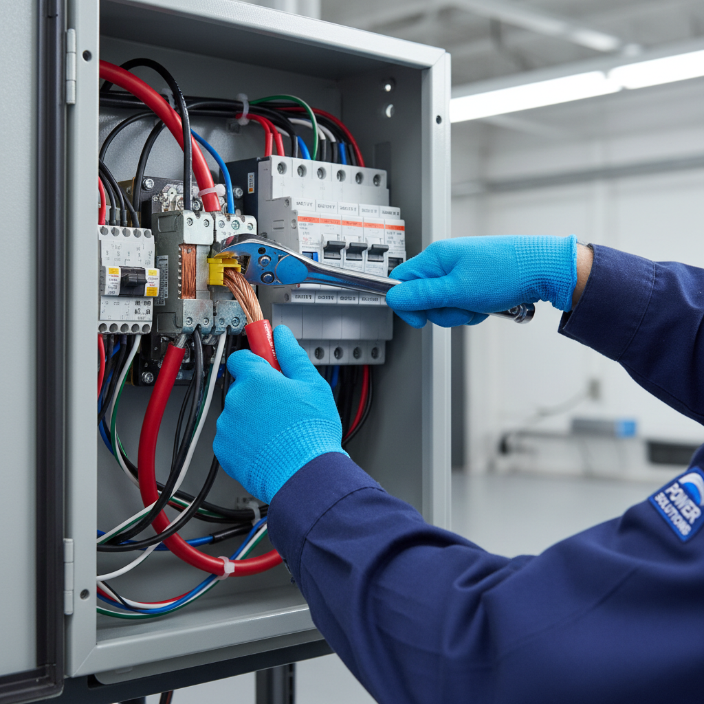 A detailed close-up of a licensed technician’s gloved hands (no person visible) tightening a heavy-duty cable connection inside an automatic transfer switch cabinet for a backup generator system. The metal enclosure is open, revealing neatly arranged color-coded wiring, labeled breakers, and industrial-grade terminals. The technician’s uniform sleeve, with a clean professional fabric texture, enters from the edge of the frame without showing the person. Cool white workshop lighting provides bright, even illumination, creating crisp highlights on metal surfaces and clear visibility of each component. Shot in photographic realism with shallow depth of field, the focus is on precision, safety, and certified workmanship in backup power installations.